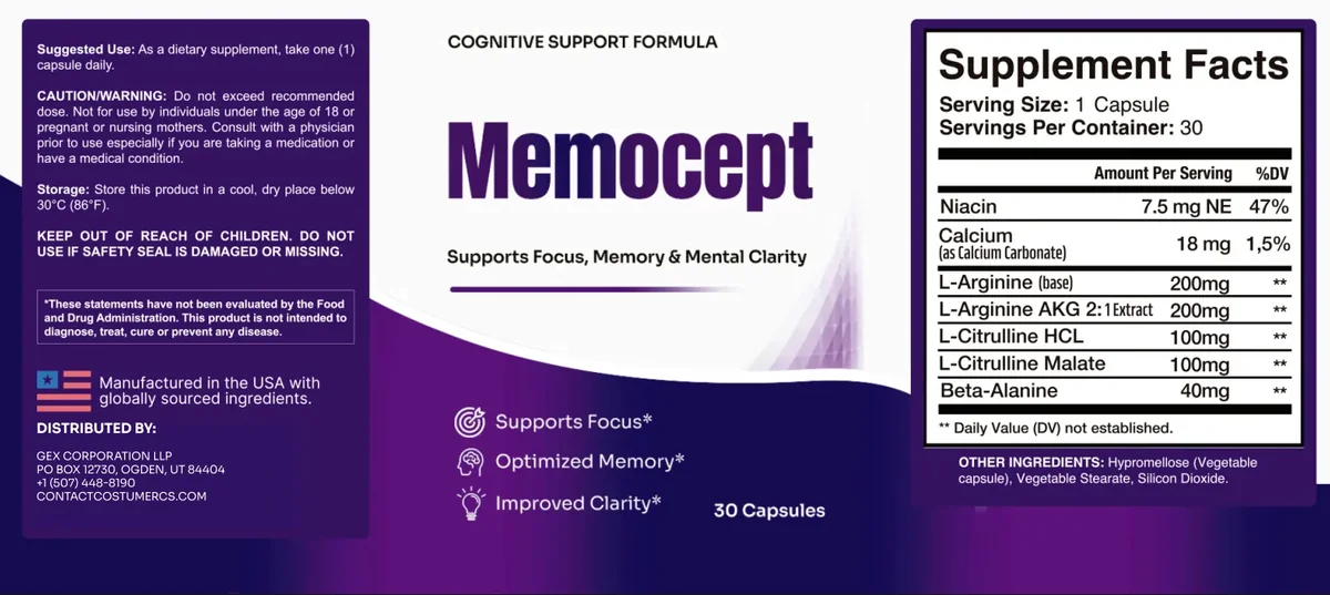Memocept ingredients — L-arginine, L-citrulline, beta-alanine, niacin and calcium